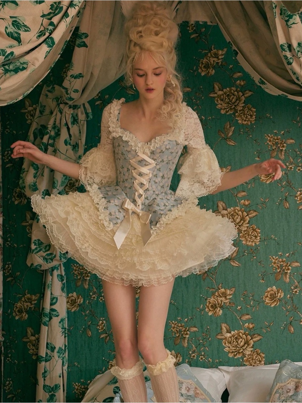 LaceMade Blue Floral Lace-Up Corset Dress